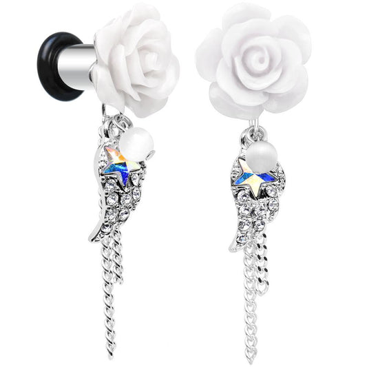 Clear Gem Angel Wing and White Rose Flower Single Flare Dangle Plug Sizes 6mm to 16mm