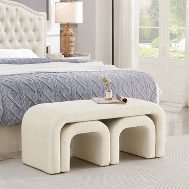 Set of 3 U-Shaped Modern Bench Teddy Ottoman, Cream, 43.5x16.5x19