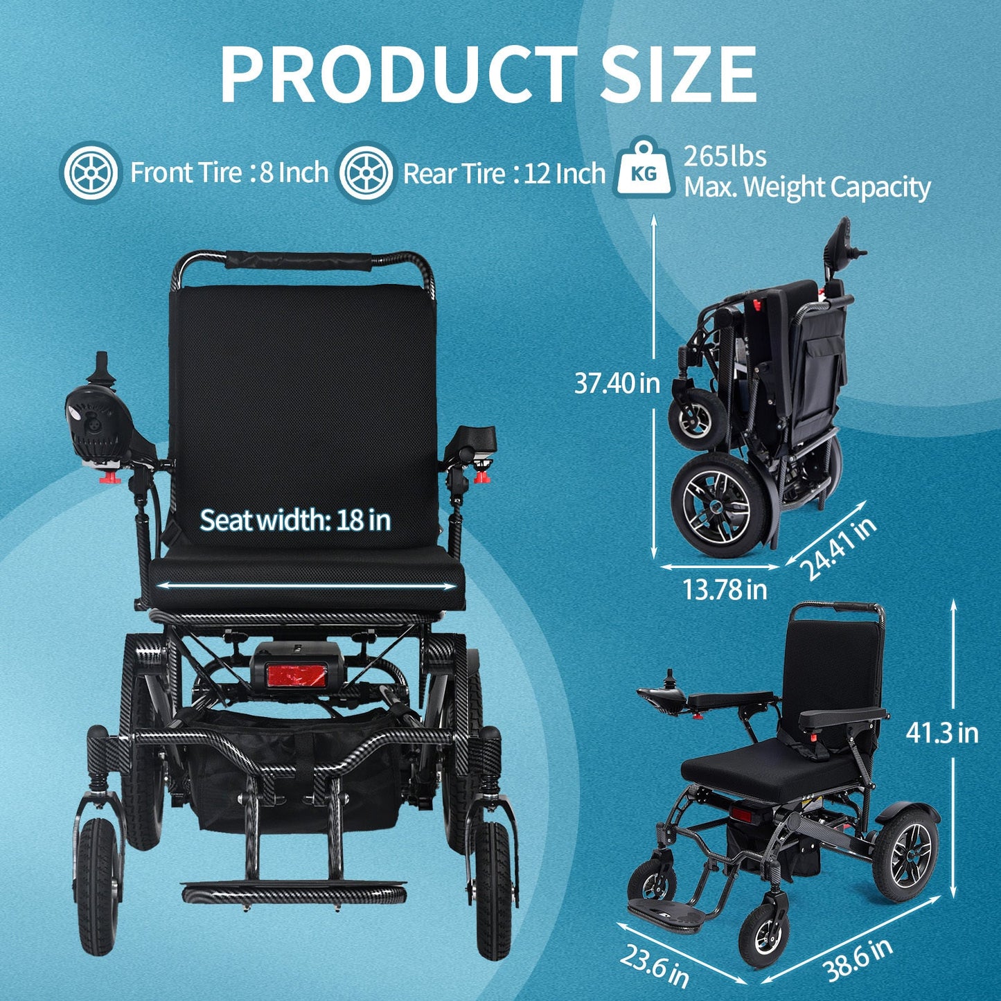 Wheelchair Electric Foldable Aluminum Dual Battery Black 41x24x39 In