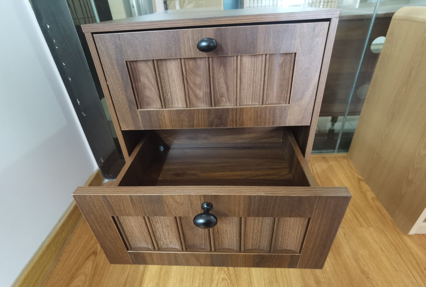 Double Drawer Bedside Table, Solid Wood Legs, Walnut, 15.75x15.75 in, 2-Pack