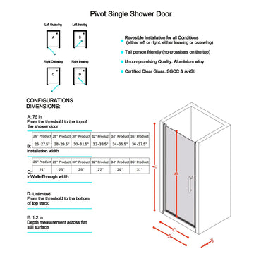 34-35.5in W x 75in H Pivot Single Swing Shower Door, Matte Black, 6mm Glass