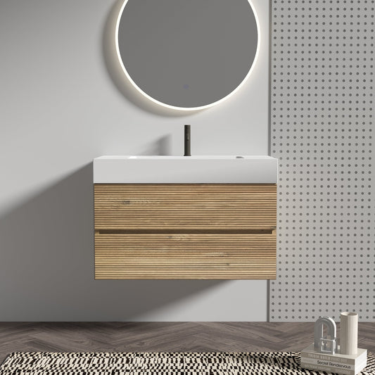 36' Rough Oak+Rough Oak Bathroom Vanity with White Engineered Quartz Sink an...