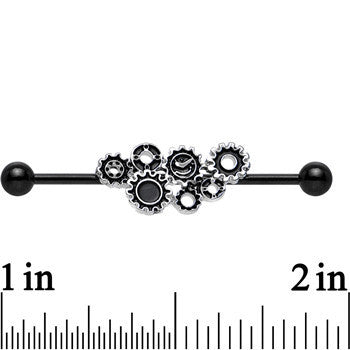Black Plated Stainless Steel Steampunk Gears Industrial Barbell 36mm