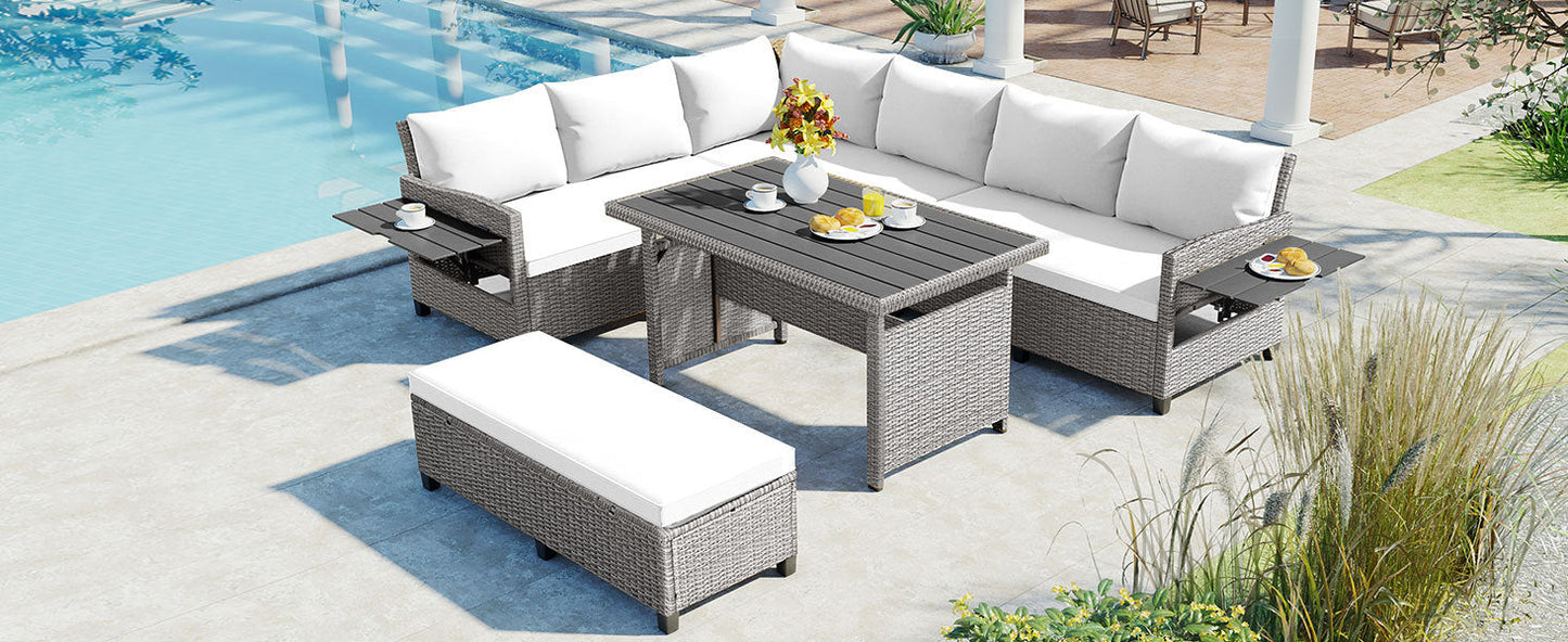 Outdoor Sectional Set PE Rattan Steel White 5 Piece Seats 7 Extendable