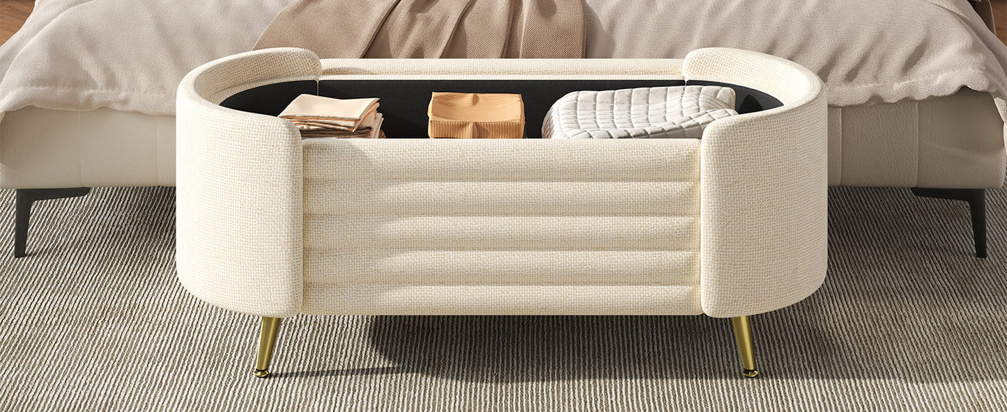 Storage Ottoman Oval Chenille Beige Metal Legs Hidden Storage 44.9x18x18 In