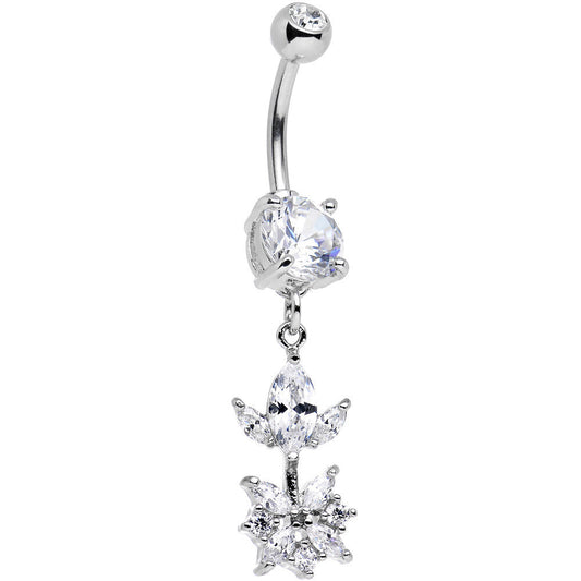Clear CZ Gem Glitter Budding Flower Dangle Belly Ring