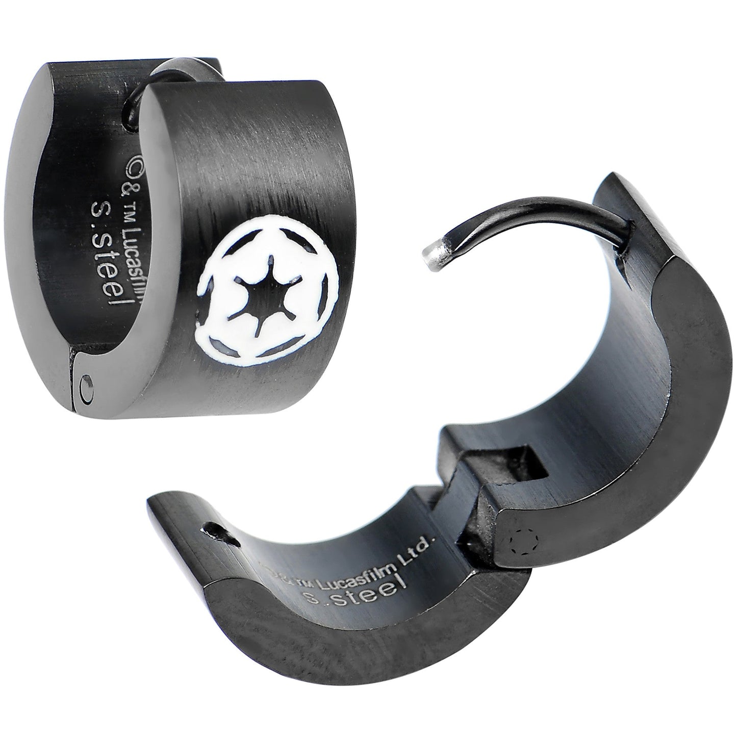 Licensed Black PVD Star Wars Imperial Crest Hoop Huggy Earrings