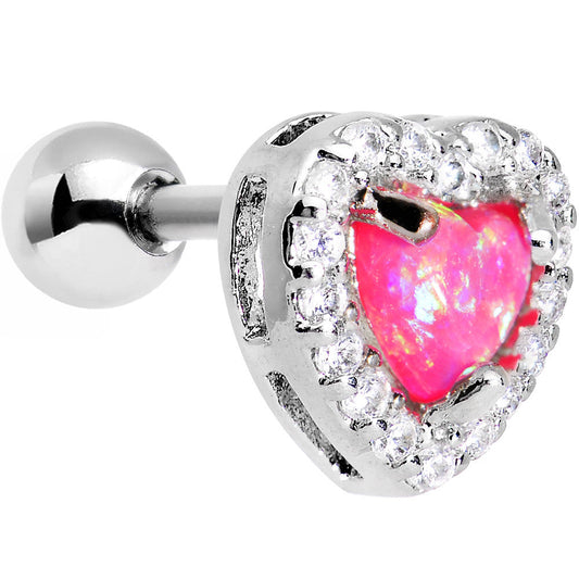 16G 1/4 Pink Synthetic Opal Clear Gem Heart Cartilage Earring