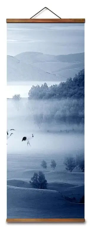 Chinese Snow Mountain Deer & Bird Canvas Scroll – Blue & White