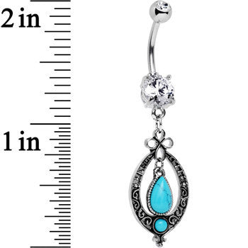 Clear Gem Synthetic Turquoise Detailed Teardrop Dangle Belly Ring