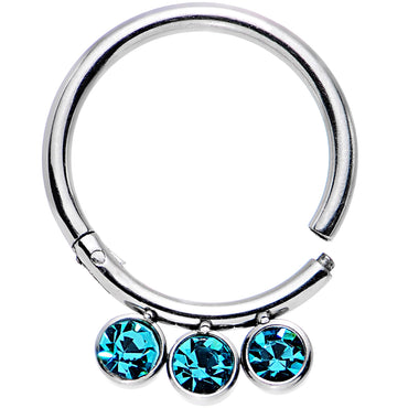16G 3/8 Aqua Gem Stainless Steel Trio Hinged Segment Ring