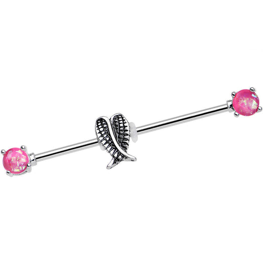 14G Pink Faux Opal Sheathed Wings Industrial Barbell 38mm