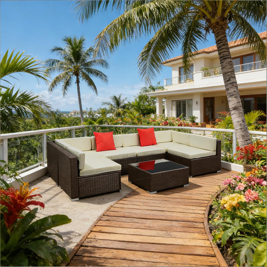 7 Piece Outdoor Sectional Set PE Rattan Beige Cushion