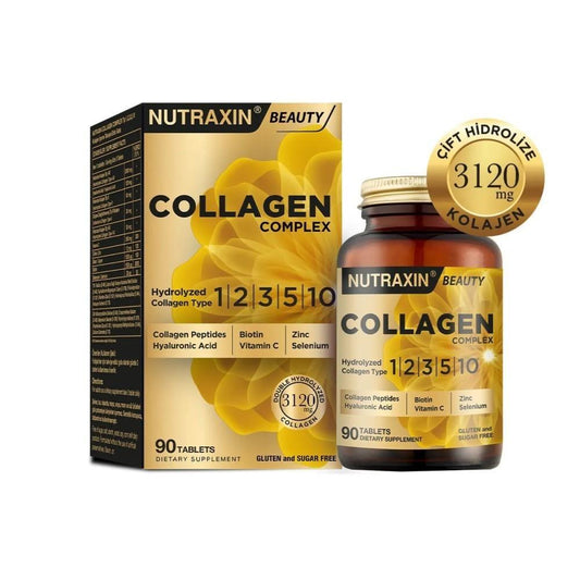 Nutraxin Beauty Collagen Complex 90 Tablets - Hydrolyzed Collagen Supplement with Hyaluronic Acid & Vitamin C for Skin, Hair & Joint Health