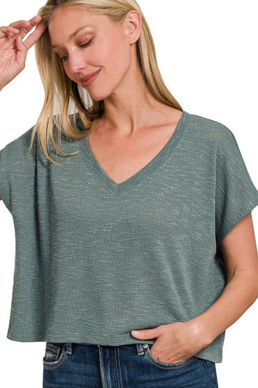 Zenana Hacci Slub V-neck Drop Shoulder Crop Top