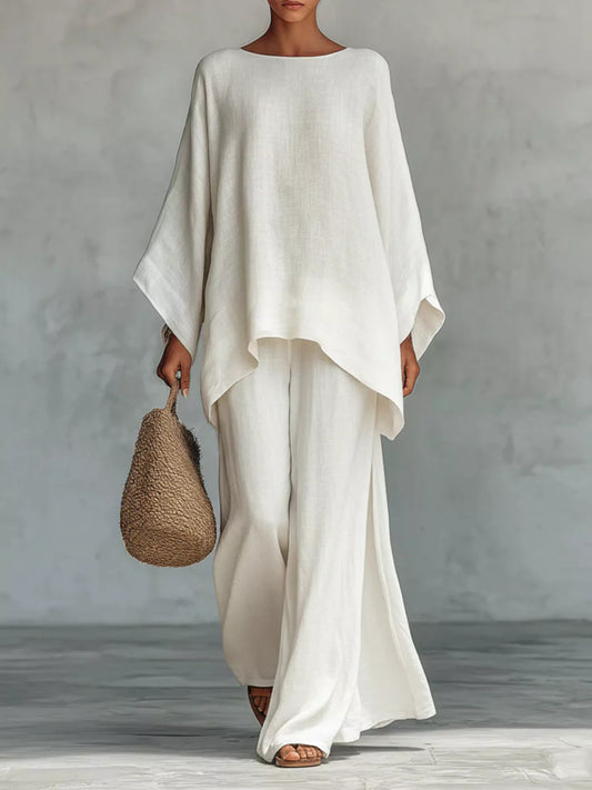 Full Size Round Neck Top and Wide Leg Pants Set Plus Size
