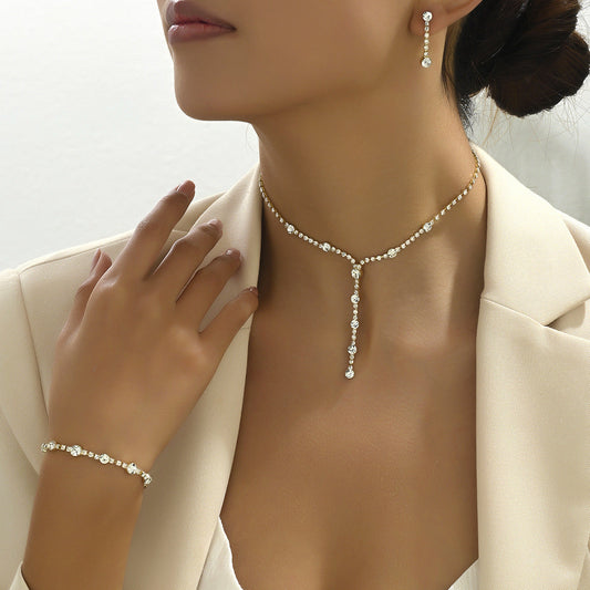 Niche Design High-Gloss Women Jewelry Set, Unique Cubic Zirconia Inlaid Necklace, Bracelet & Stud Earrings Matching Accessories