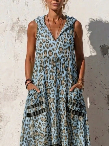 Full Size Sleeveless Hooded Leopard Print Maxi Dress with Pockets Plus Size