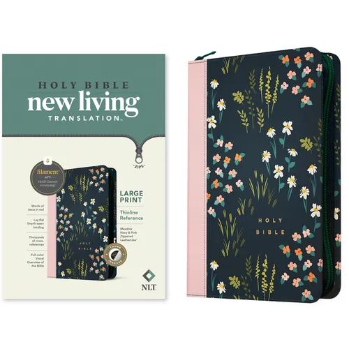 NLT Large Print Thinline Reference Zipper Bible, Filament Enabled (Leatherlike, Meadow Navy & Pink, Indexed, Red Letter) - Imitation Leather