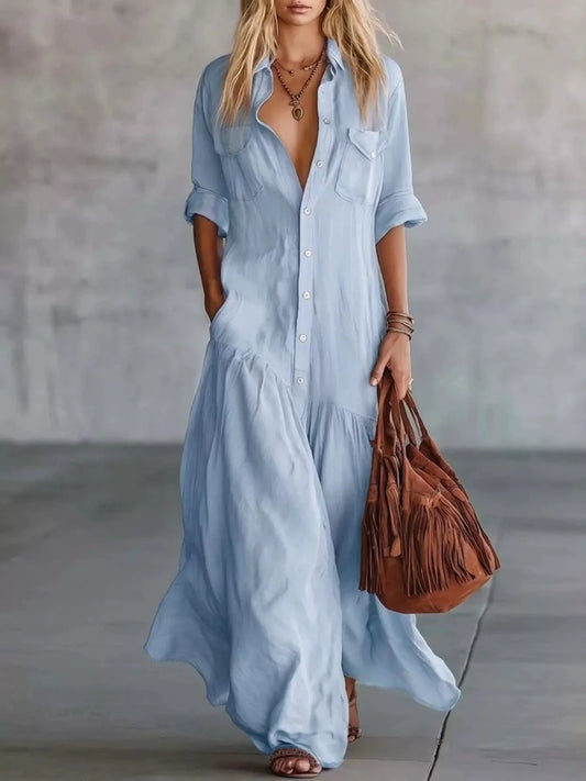 Full Size Button Front Roll-Up Sleeve Maxi Dress Plus Size