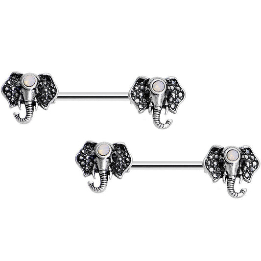 14G 9/16 White Faux Opal Elegant Elephant Nipple Ring Set