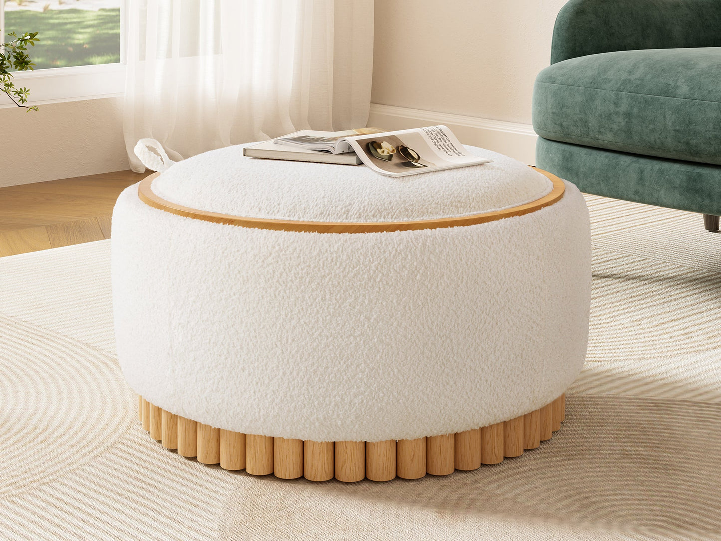 29' Round Storage Ottoman with Solid Wood Legs, Boucle Fabric, No Assembly