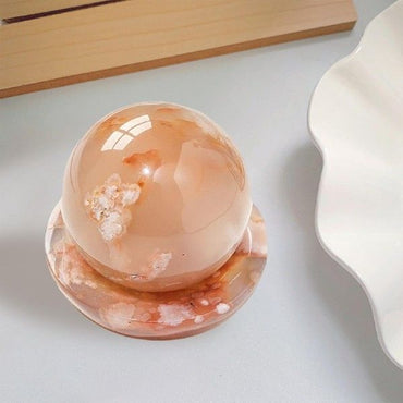 Natural Agate Gemstone Cherry Blossom Sphere with Display Bowl