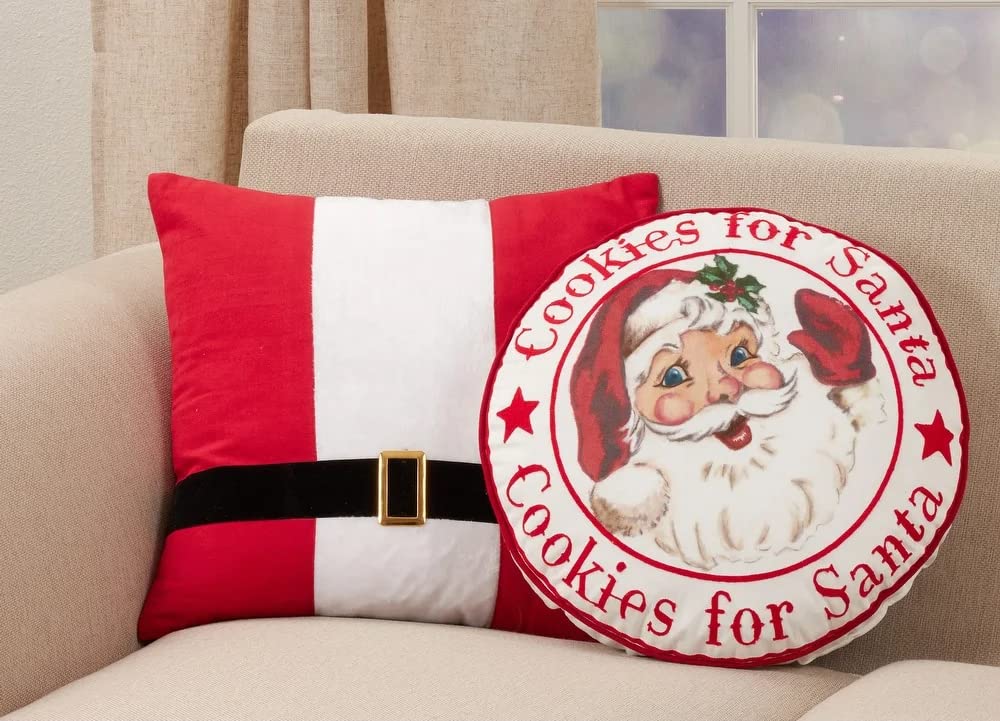 Fennco Styles Santa Belt Design Decorative Throw Pillow 18" W x 18" L – Red Festive Cushion for Christmas, Holiday, Couch, Sofa, Bedroom, Office and Living Room Décor