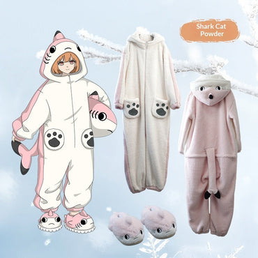 Anime Cartoon Funny Shark And Cat Onesie Pajamas Cute Cozy Loungewear Set