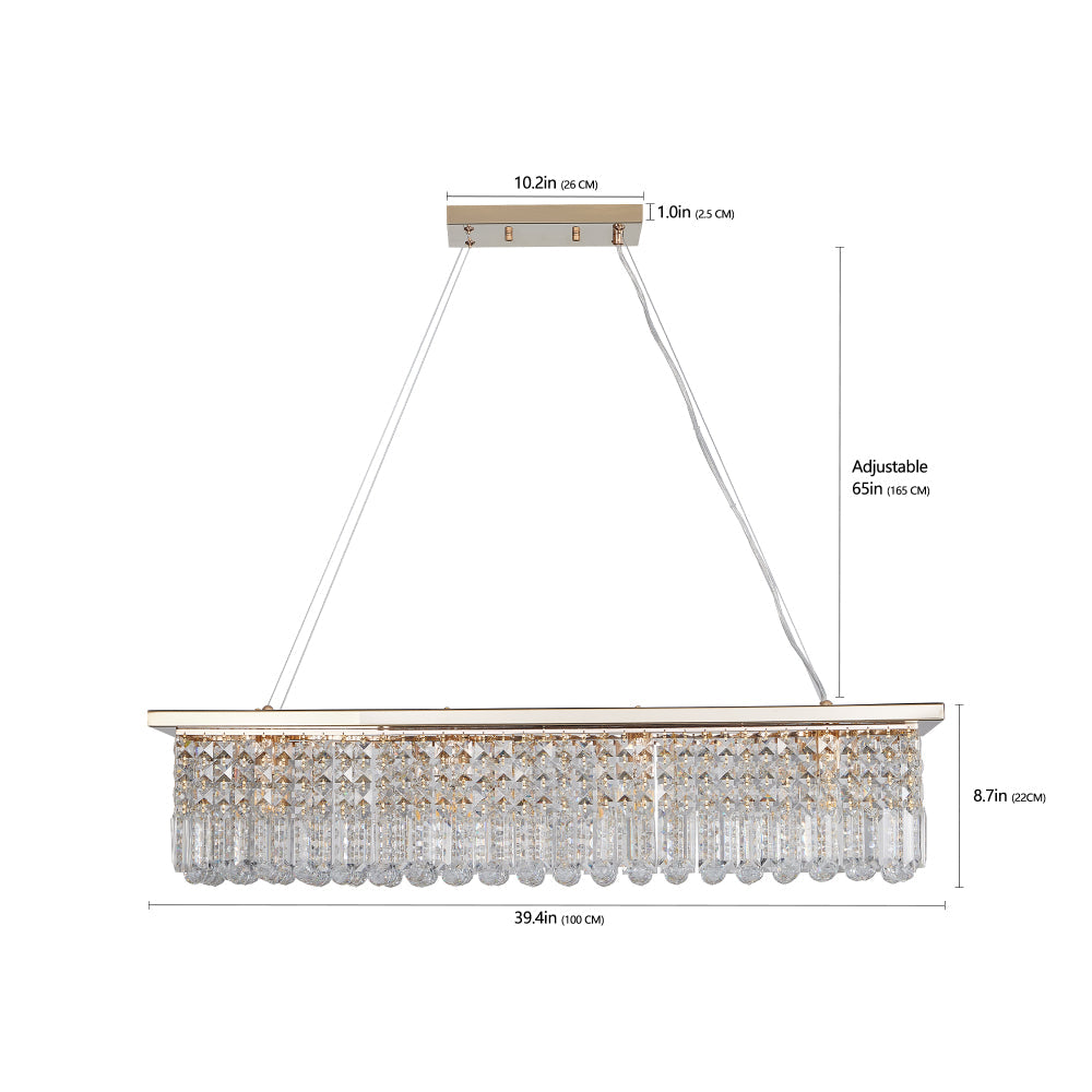 39.4" Rectangle Crystal Raindrop Chandelier | 8-Light Modern Pendant for Dining Room & Kitchen Island — Chrome or Gold, E12