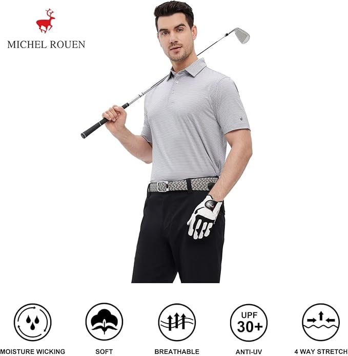 Mens Golf Shirt Moisture Wicking Dry Fit Performance Sport Short Sleeve Striped Golf Polo Shirts for Men