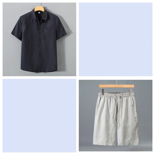 Men's Pure Linen Shorts and Short Sleeve Shirt Set - Summer Loose Casual Lightweight Outfit