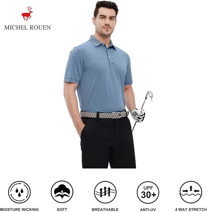 Mens Golf Shirt Moisture Wicking Dry Fit Performance Sport Short Sleeve Striped Golf Polo Shirts for Men