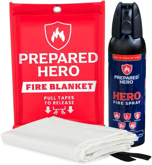Prepared Hero Fire Protection Kit 1 Pack - Emergency Fire Blanket + Hero Fire Spray for Home, Kitchen, Vehicle, Camper