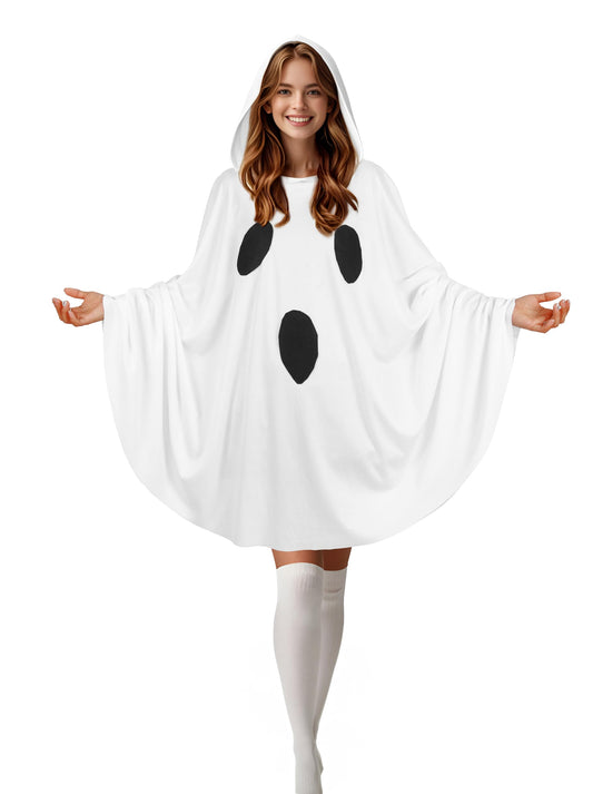 Ghost Poncho Costume for Women - Halloween Hooded Cape Outfit