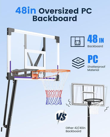 Basketball Hoop Outdoor Portable 44/48 Inch Backboard, 10ft Quickly Adjustable Basketball Goal System with Wheels for Court/Backyard/Driveway