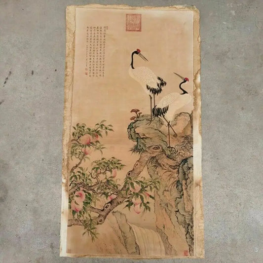 Vintage Chinese Scroll – Peach and Crane Rice Paper Painting