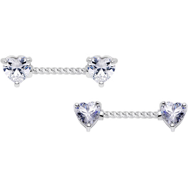 14G Clear CZ Gem Heart Twisted BCR Ring Barbell Nipple Ring Set