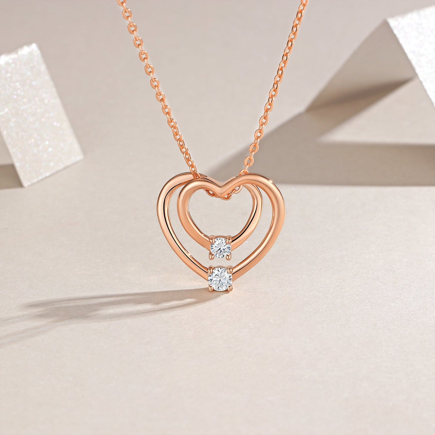 S925 Sterling Silver Rose Gold Double Heart Necklace, D-VVS1 Moissanite Pendant, 40&455cm Adjustable Chain, Women's Jewelry Gift Box With GRA Certificate