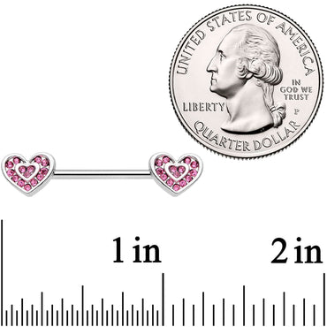 14G 9/16 Pink Gem Passionate Heart Barbell Nipple Ring Set