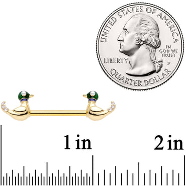 14G 9/16 Clear Gem Gold Tone Just Ducky Barbell Nipple Ring Set