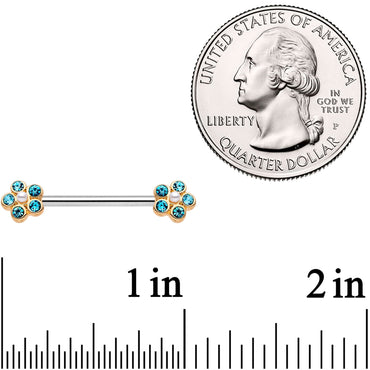 14G 9/16 Aqua Gem Precious Flower Barbell Nipple Ring Set