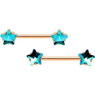 14G Blue Gem Star Rose Gold Tone BCR Barbell Nipple Ring Set