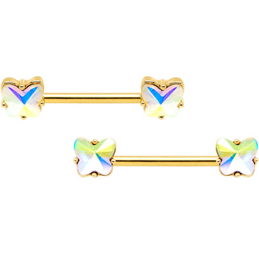 14G Aurora Gem Butterfly Gold Tone BCR Nipple Ring Set