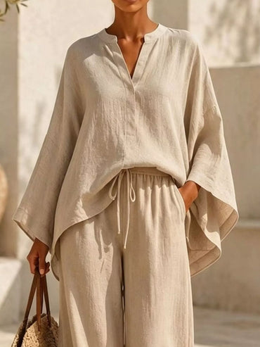 Full Size Notched Long Sleeve Top and Wide-Leg Pants Set Plus Size