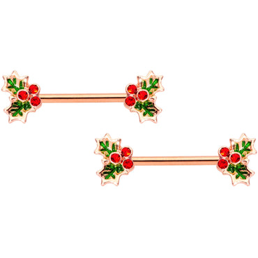 14G Red Gem Rose Gold Tone Holly Captive Barbell Nipple Ring Set