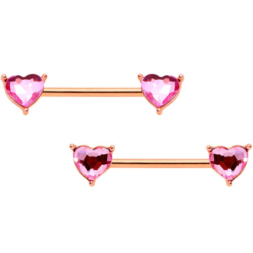 14G Pink Gem Rose Gold Tone Heart BCR Barbell Nipple Ring Set