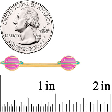 14G 9/16 Gold Tone Pink Planet Saturn Barbell Nipple Ring Set