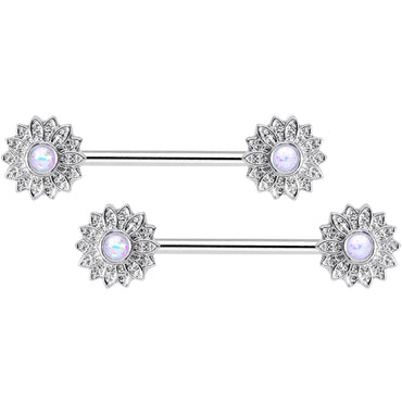 14G 9/16 1/2 White Faux Opal Horseshoe Barbell Nipple Ring Set