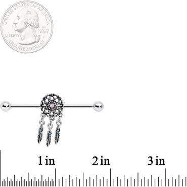 14G Pink Faux Opal Feather Dreamcatcher Dangle Industrial Barbell 38mm